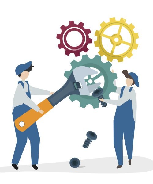 Illustration of characters fixing a cogwheel